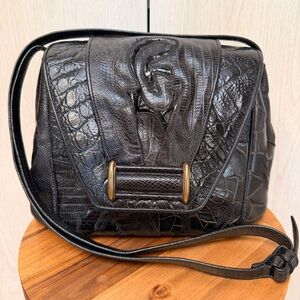 Vintage Sharif Black croc | reptile embossed patchwork Crossbody Bag